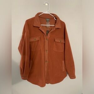 NWT Flannel Shacket Fleece Warm Soft Teddy Jacket Button Size L Orange Brown New